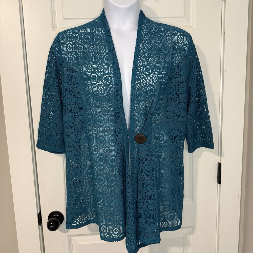 SML Cardigan Mid XL Open Lace Blue/Teal Crochet Button Duster Bohemian Layer